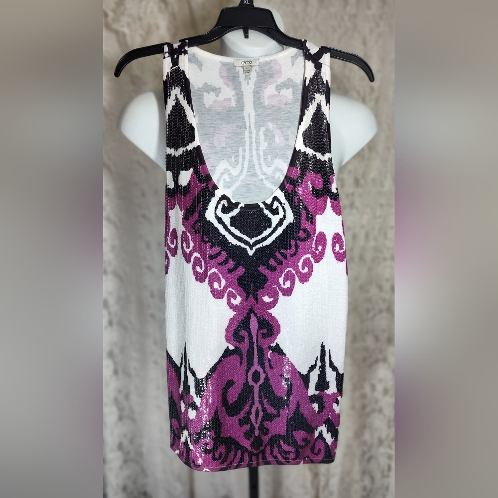 Cache Sequin Purple and Black Patterned Tank Top